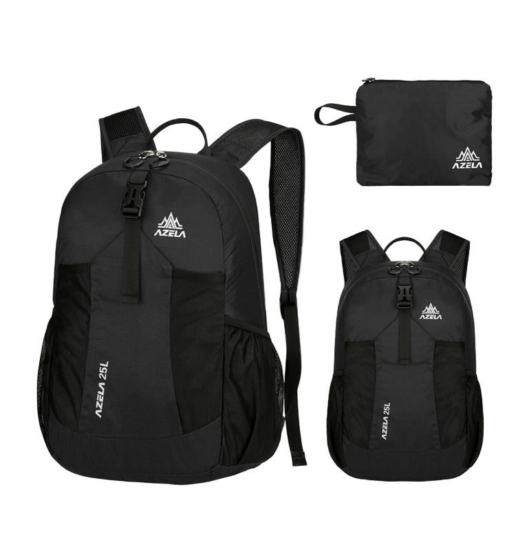 Black backpack with a smaller pouch on a white background
