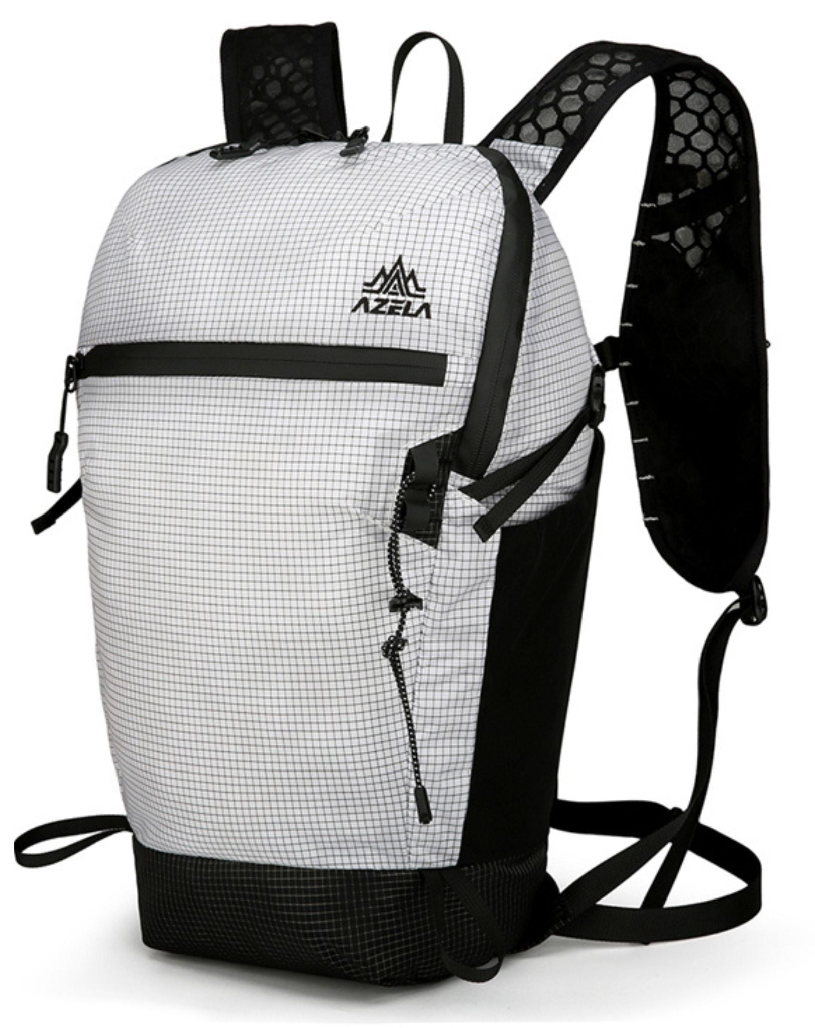 15L Faltbarer Trinkrucksack – Leichter, wasserdichter Wanderrucksack für Damen & Herren, Outdoor, Hiking, Radfahren, Reisen, Sport, Festival, mit Vielseitigen Taschen & Trekkingstockhalter – Schwarz/Weiß-M258E22